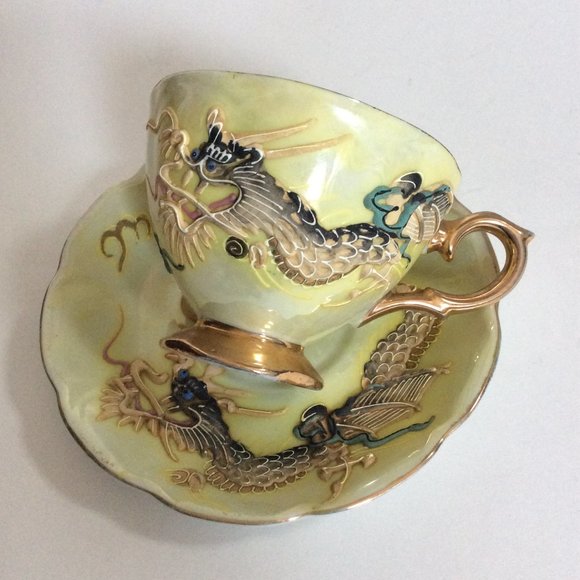 Vintage Shaff handpainted raised dragon saucer and cup gold gild handle Japanese - Picture 12 of 12